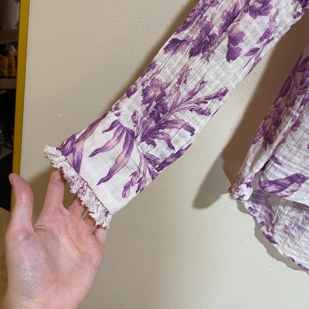 Sundance Sz XS Chantilly Blooms Button Down Top Blouse White Purple Floral Bird - Picture 6 of 12